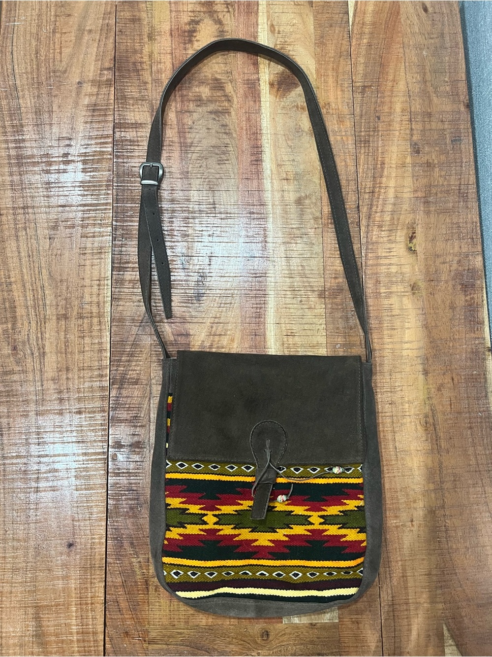 Boho Suede Crossbody Bag with Southwestern Stripe - Picture 2 of 7